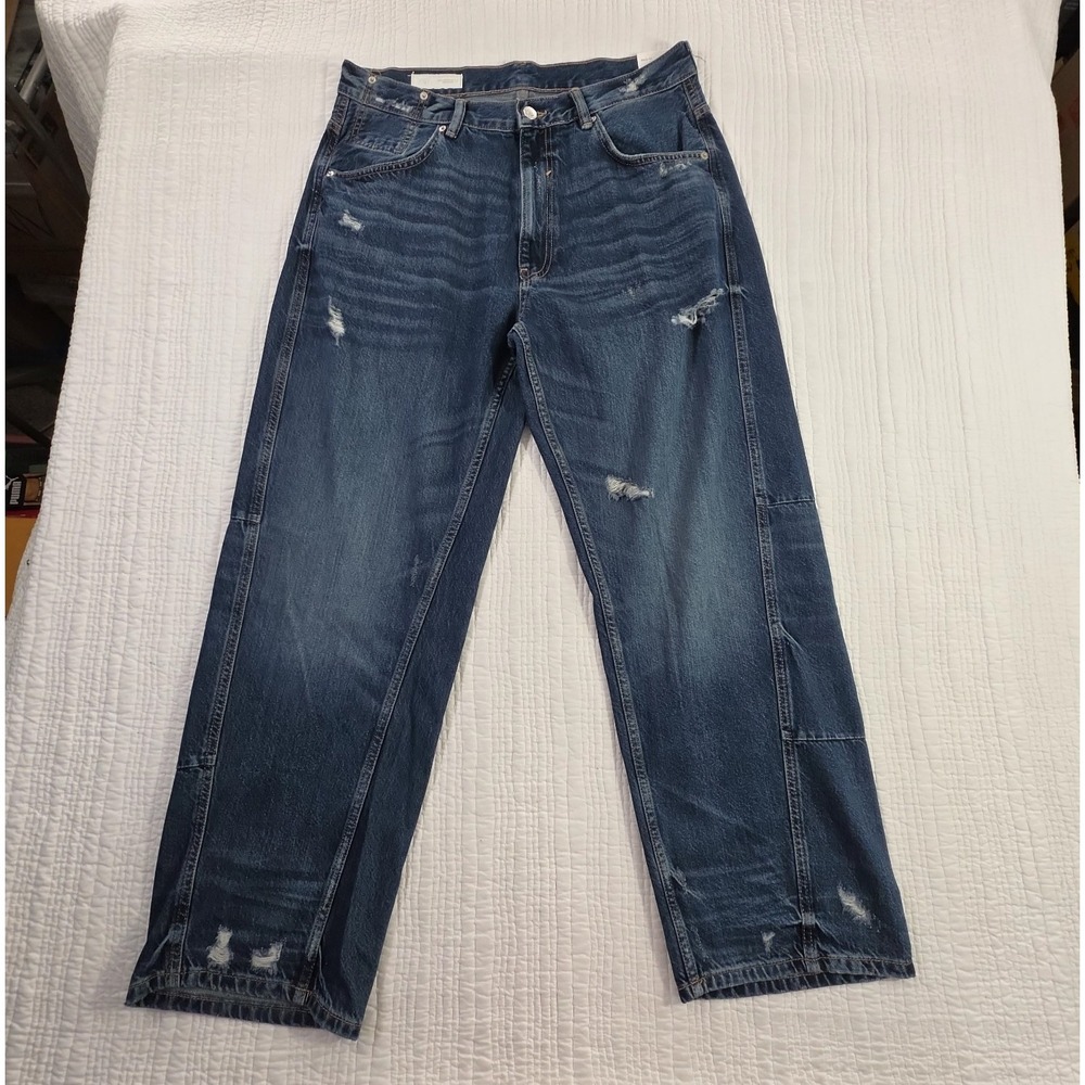 Zara Jeans Men's 34x30 Baggy Fit NEW Medium Wash Wide Leg Distressed 6045/407